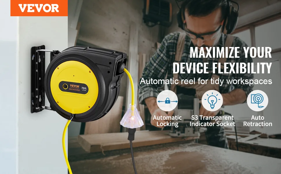 VEVOR Retractable Extension Cord Reel 75 ft Yellow+Black overview