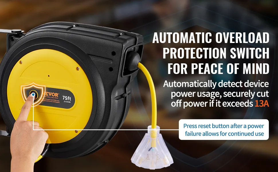 VEVOR Retractable Extension Cord Reel 75 ft Yellow+Black feature 1