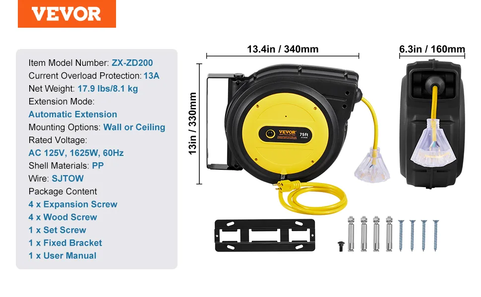 VEVOR Retractable Extension Cord Reel 75 ft Yellow+Black feature 5