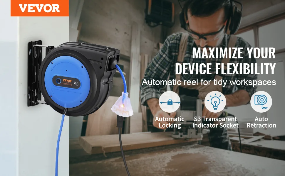VEVOR Retractable Extension Cord Reel 75 ft Black+Blue overview