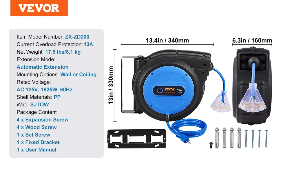 VEVOR Retractable Extension Cord Reel 75 ft Black+Blue feature 5