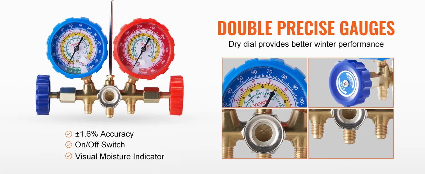 VEVOR 3-Way AC Manifold Gauge Set R134A R22 R12 Hoses Portable Design