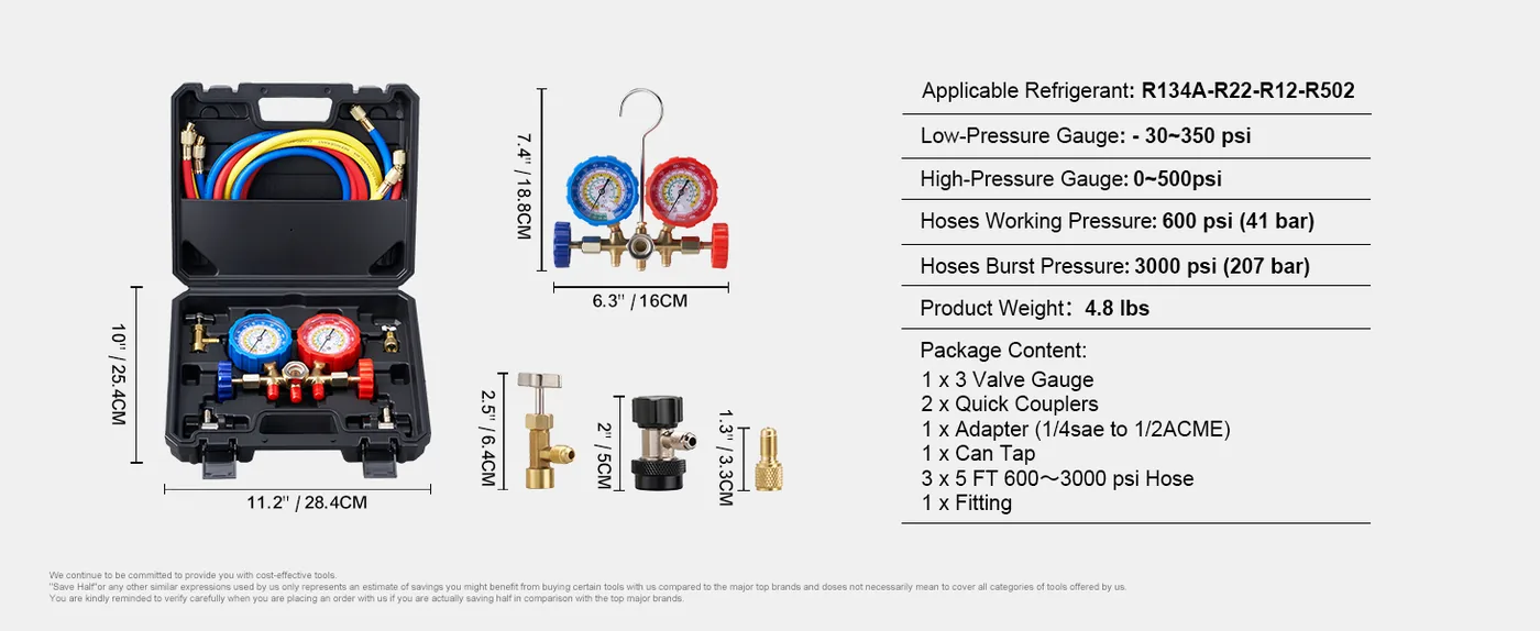 VEVOR 3-Way AC Manifold Gauge Set R134A R22 R12 Hoses Easy to Operate