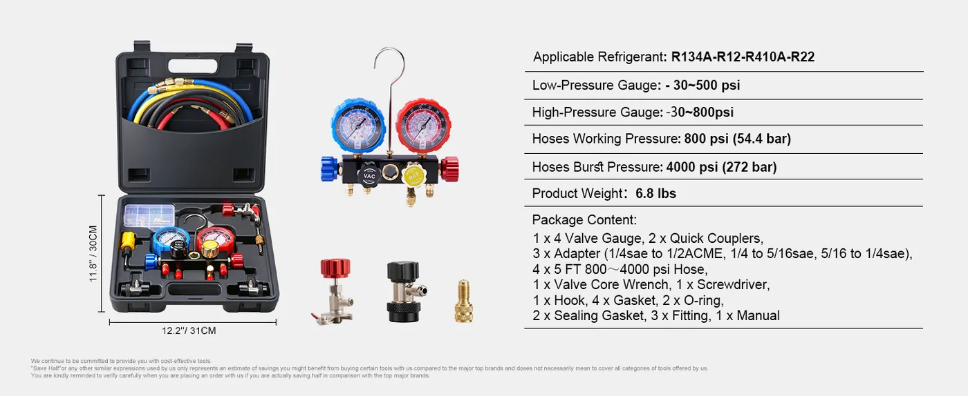 VEVOR 4 Way AC Manifold Gauge Set R134A R22 R12 R410A Double Precision Accuracy