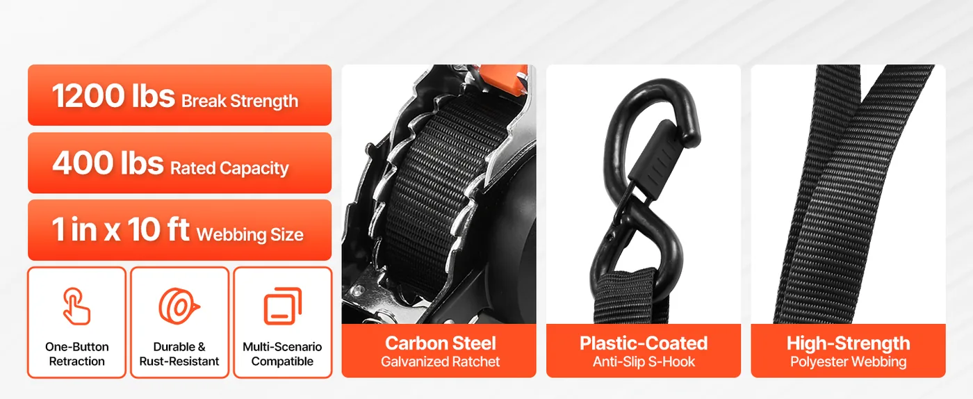 VEVOR Retractable Ratchet Straps 1 inch x 10 ft overview