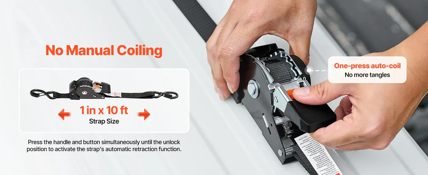 VEVOR Retractable Ratchet Straps 1 inch x 10 ft All-Weather Durability