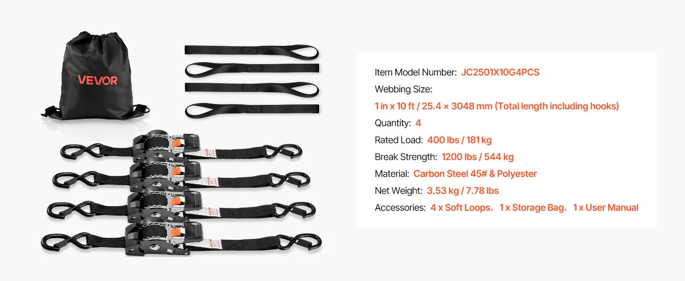 VEVOR Retractable Ratchet Straps 1 inch x 10 ft feature 1