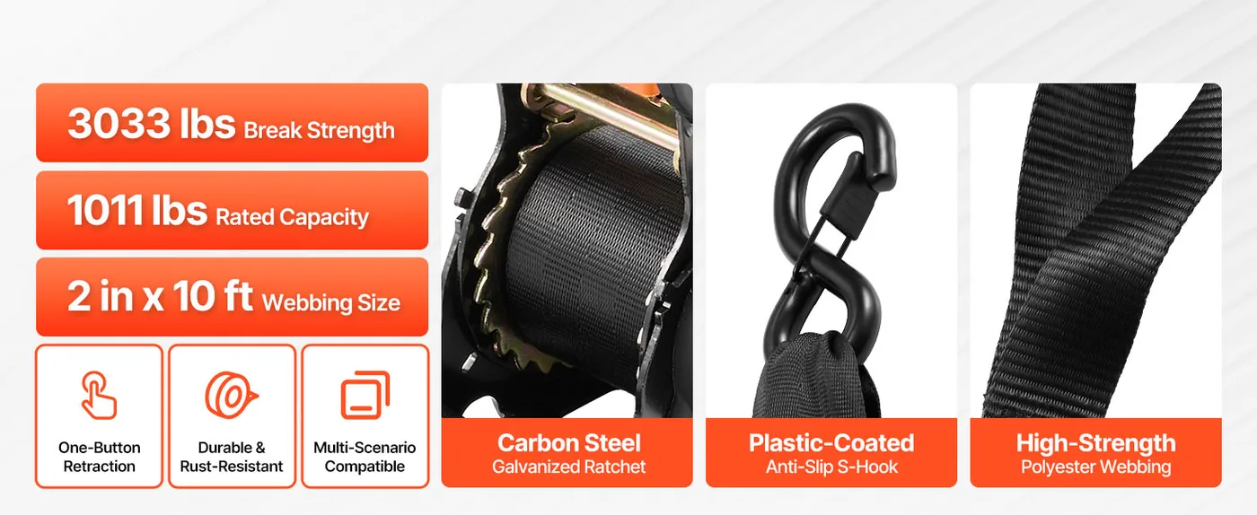 VEVOR Retractable Ratchet Straps 2 inch x 10 ft Key Features