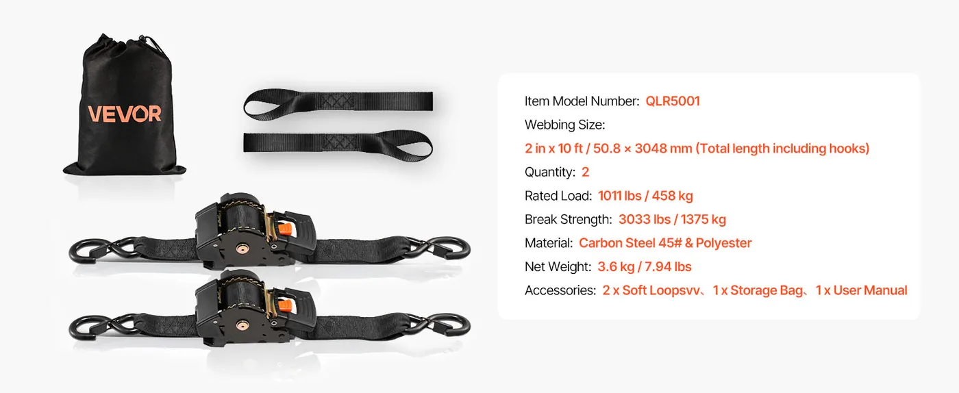 VEVOR Retractable Ratchet Straps 2 inch x 10 ft feature 1