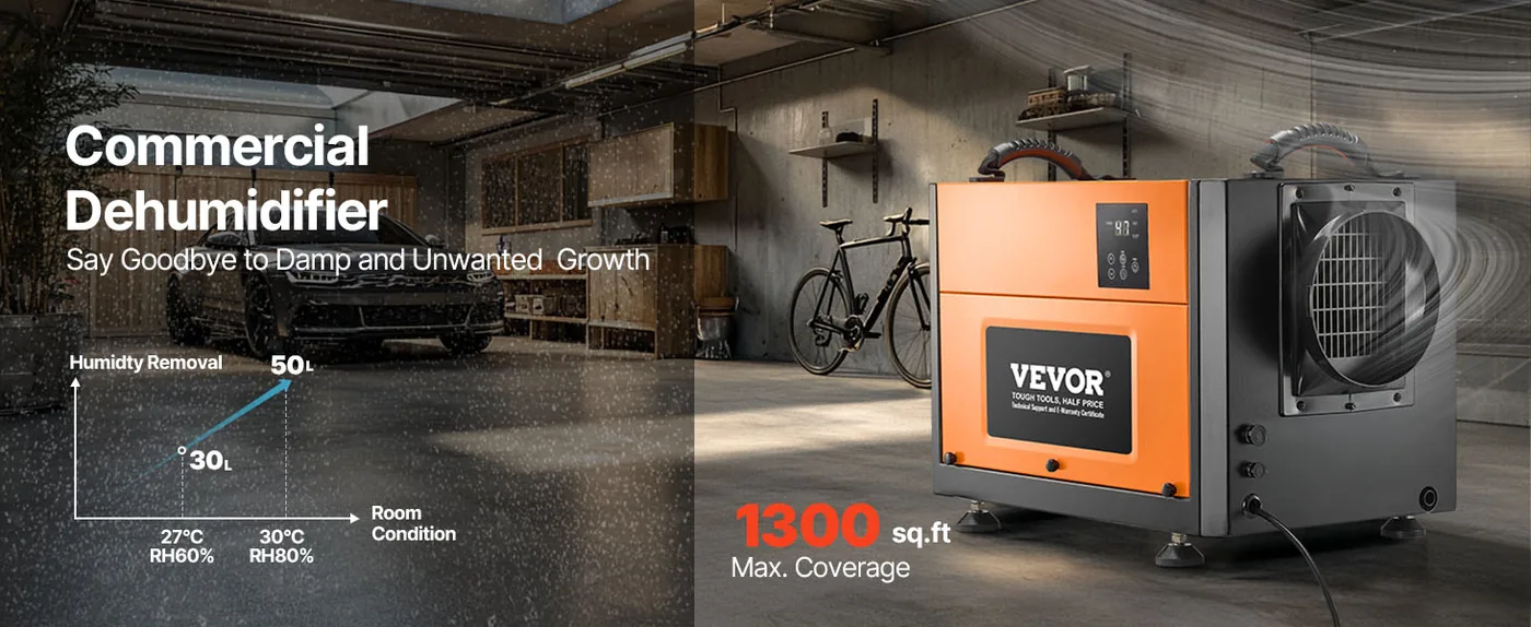VEVOR 125 Pints Commercial Dehumidifier with Drain Hose overview