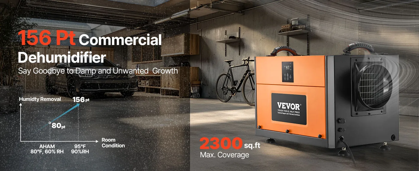 VEVOR 156 Pints Commercial Dehumidifier with Drain Hose overview