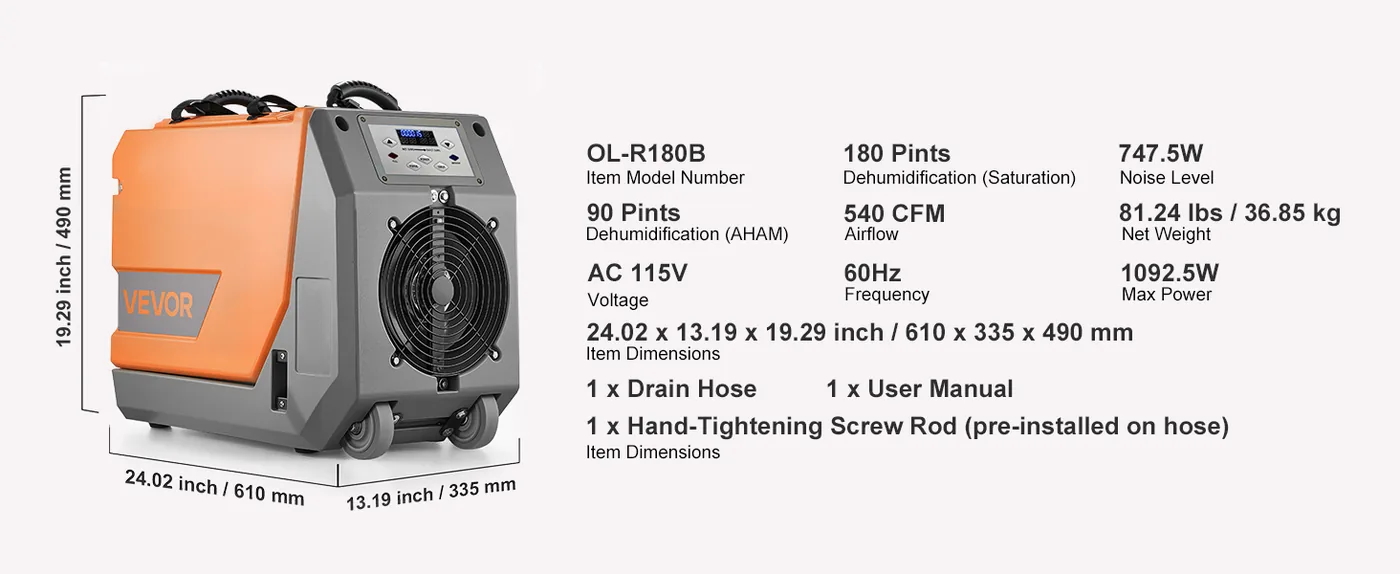 VEVOR 180 Pints Commercial Dehumidifier with Pump/Drain Hose feature 5