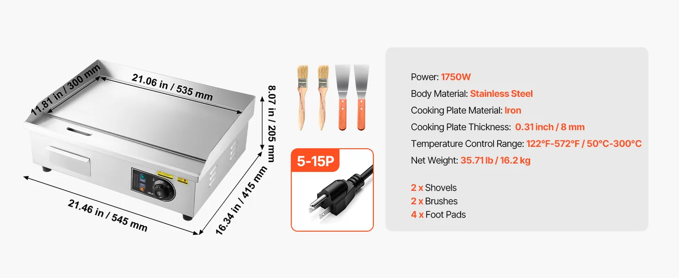 VEVOR Electric Griddle 1750W Commercial Stainless Stable Non-Slip Feet