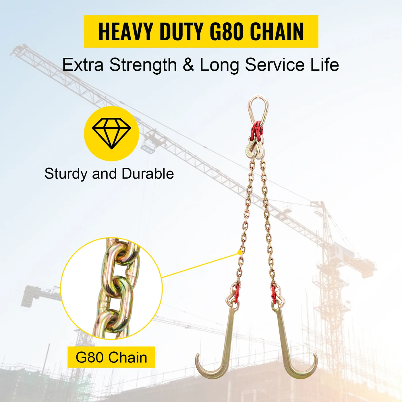 VEVOR G80 V Bridle Chain 1 Pack 2 ft Large J Hook+T Hook+Gra feature 6