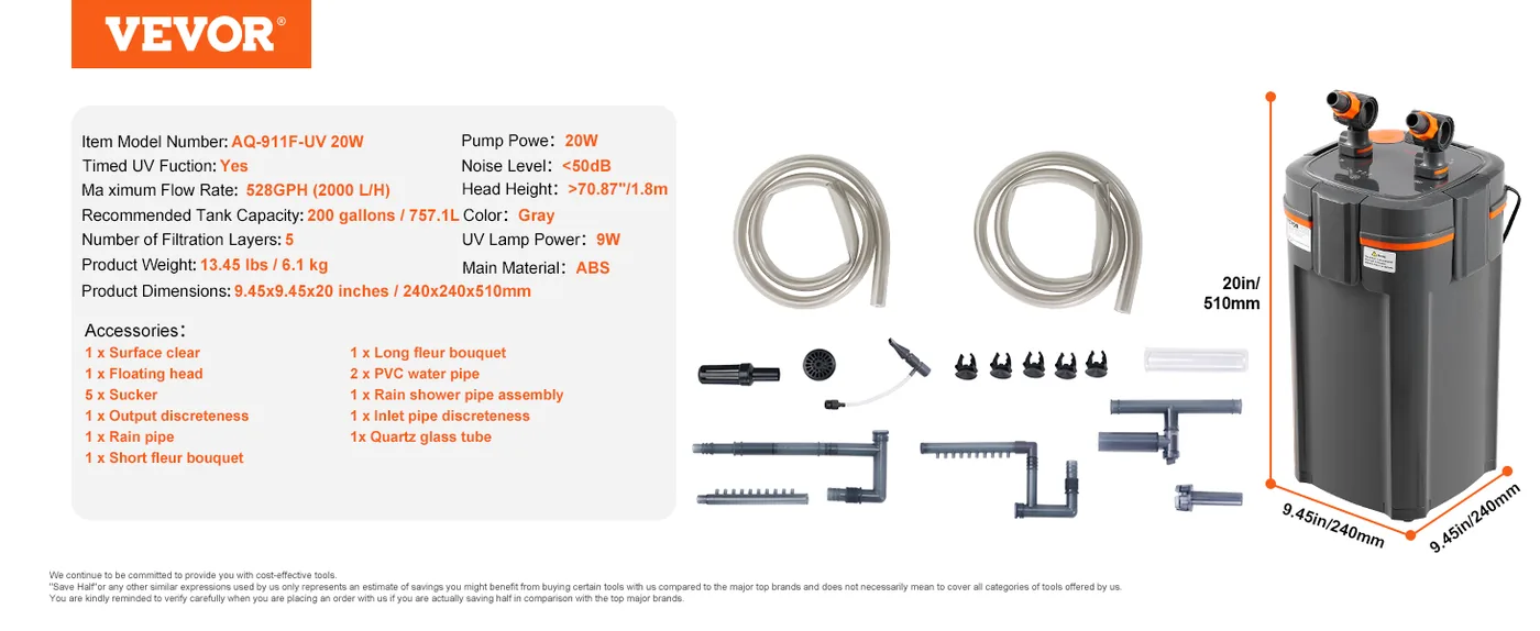 VEVOR Aquarium Filter 528GPH 2000L/h feature 4