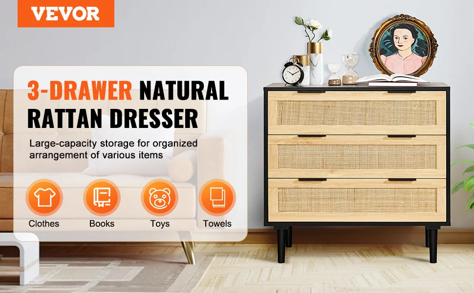 VEVOR 3 drawer rattan dresser overview