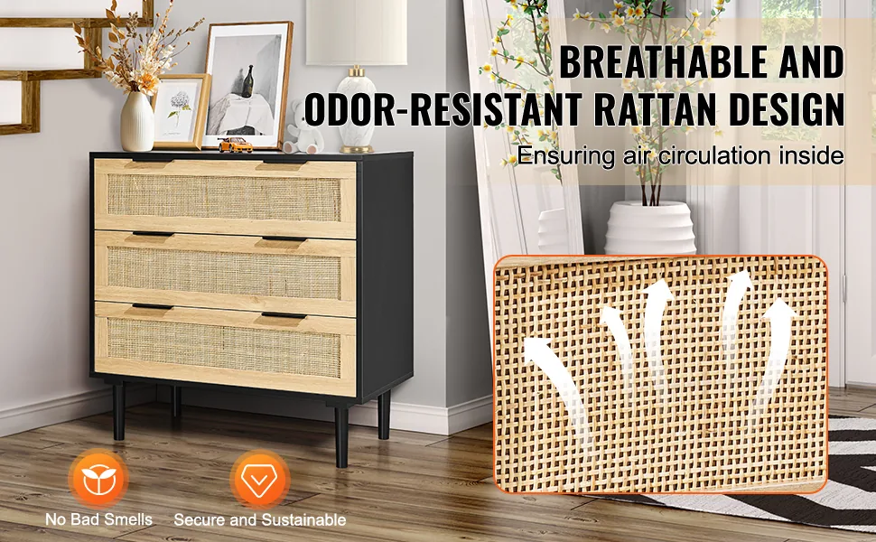 VEVOR 3 drawer rattan dresser spacious storage