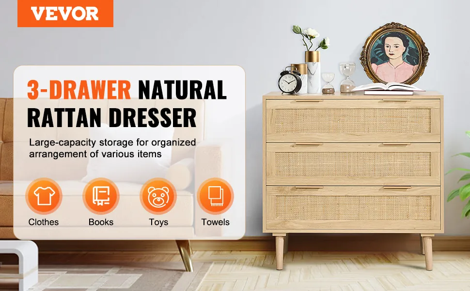 VEVOR 3 drawer rattan dresser overview