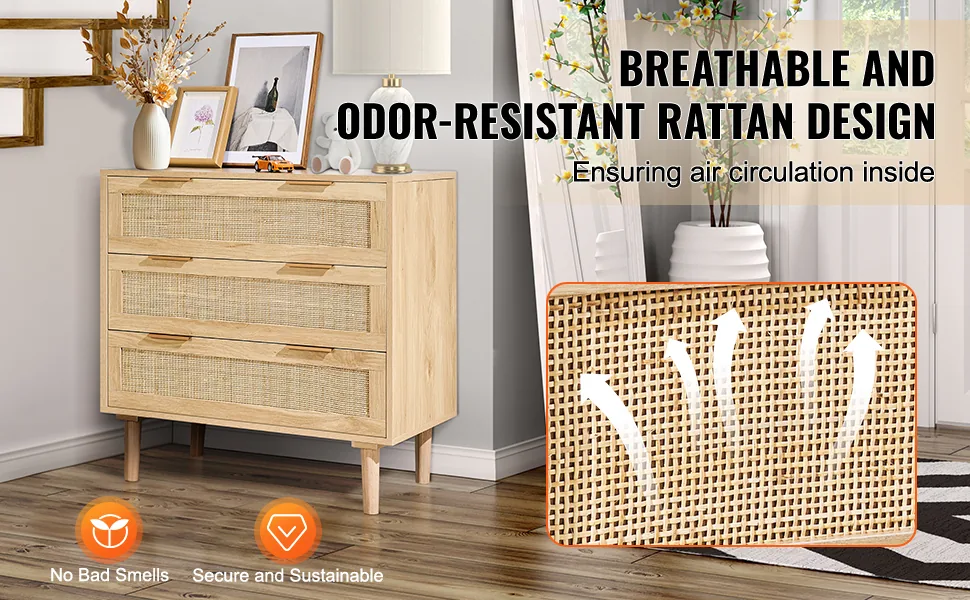 VEVOR 3 drawer rattan dresser spacious storage