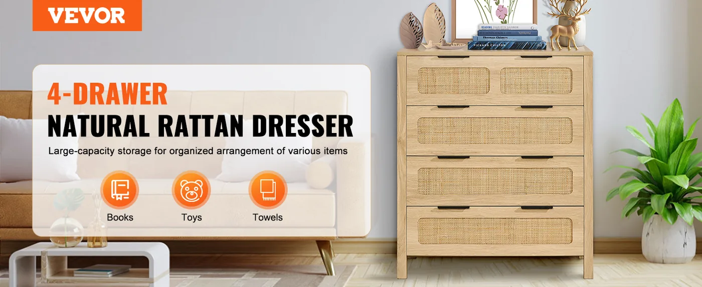 VEVOR 4 drawer rattan dresser overview