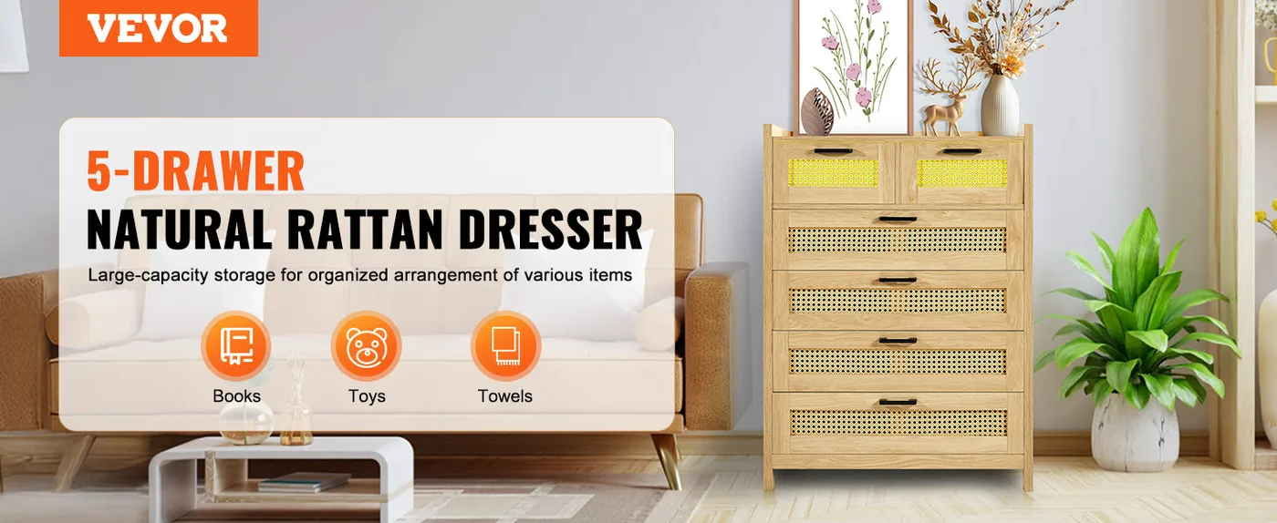 VEVOR 5 drawer rattan dresser overview