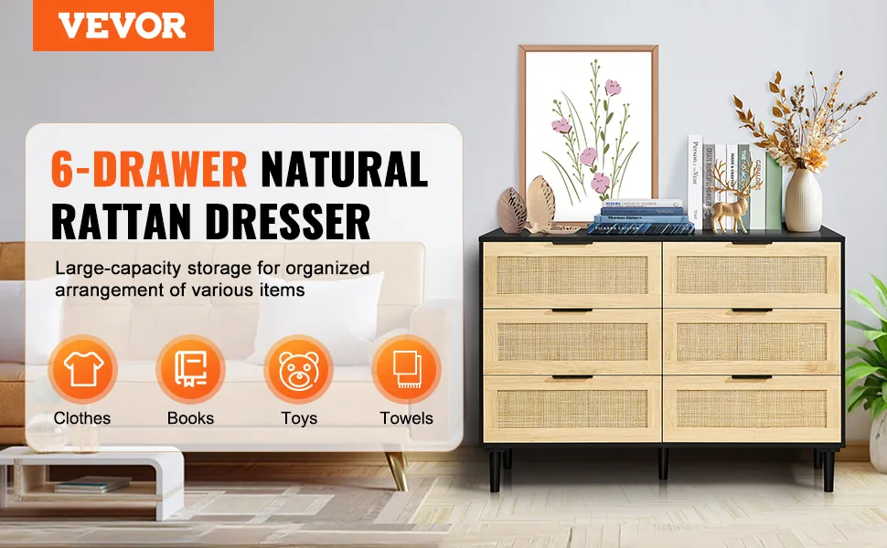 VEVOR 6 drawer rattan dresser overview
