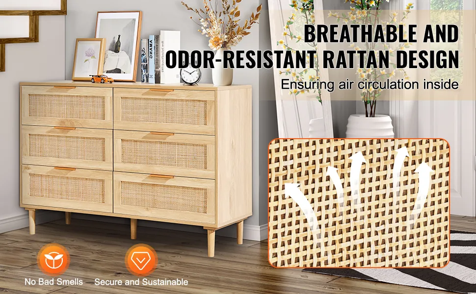 VEVOR 6 drawer rattan dresser overview