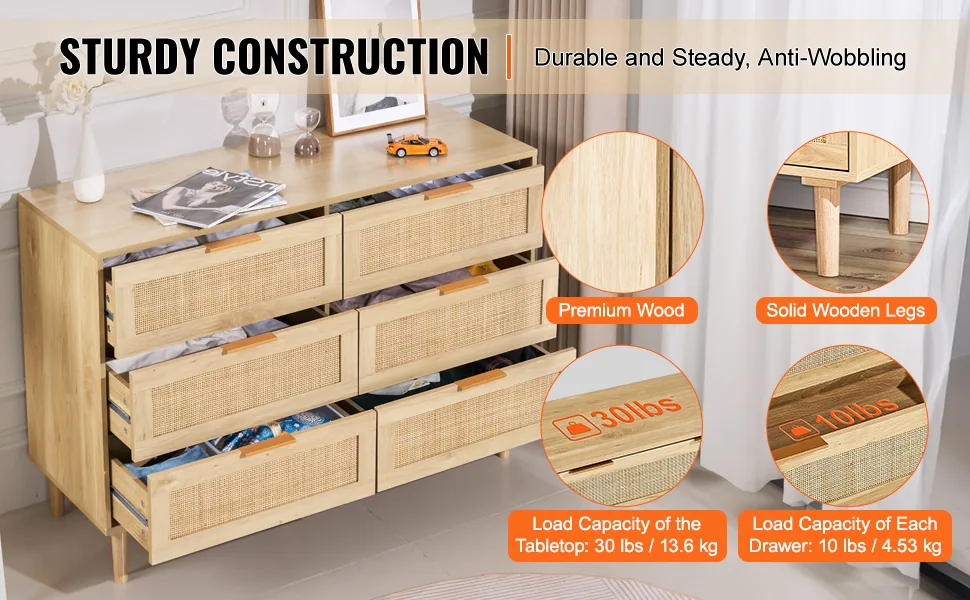 VEVOR 6 drawer rattan dresser spacious storage