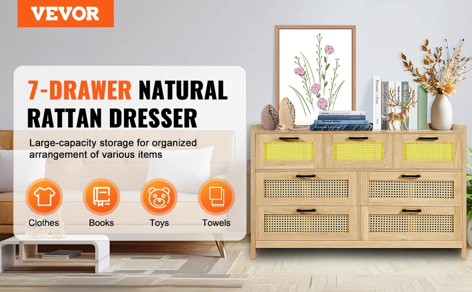VEVOR 7 drawer rattan dresser overview