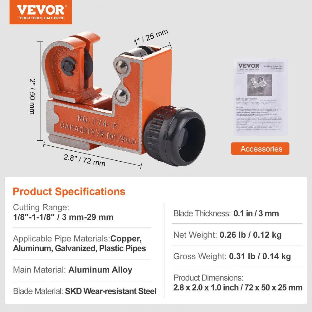 VEVOR Mini Tubing Cutter 1/8 to 1-1/8 in Copper Pipe package contents