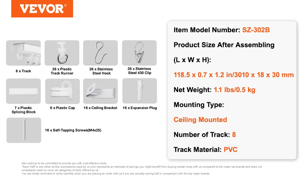 VEVOR Ceiling Curtain Track Set 8-Section Track 3 m feature 5