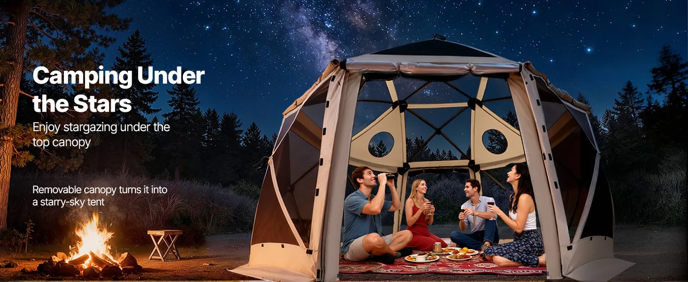 VEVOR 12 x 12 ft 13 Sided Pop Up Gazebo Screen Tent Beige Stargazing Camping