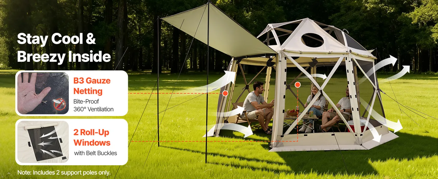 VEVOR 12 x 12 ft 13 Sided Pop Up Gazebo Screen Tent Beige Air Circulation