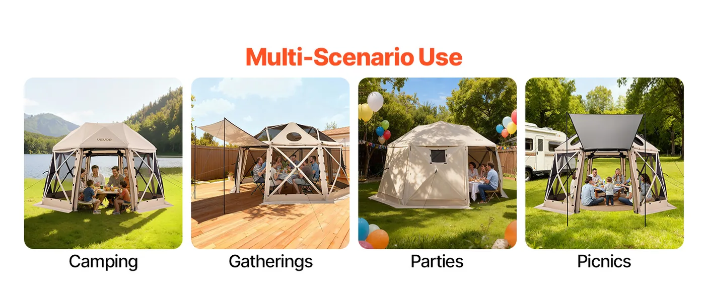 VEVOR 12 x 12 ft 13 Sided Pop Up Gazebo Screen Tent Beige Multi-Scenario Use