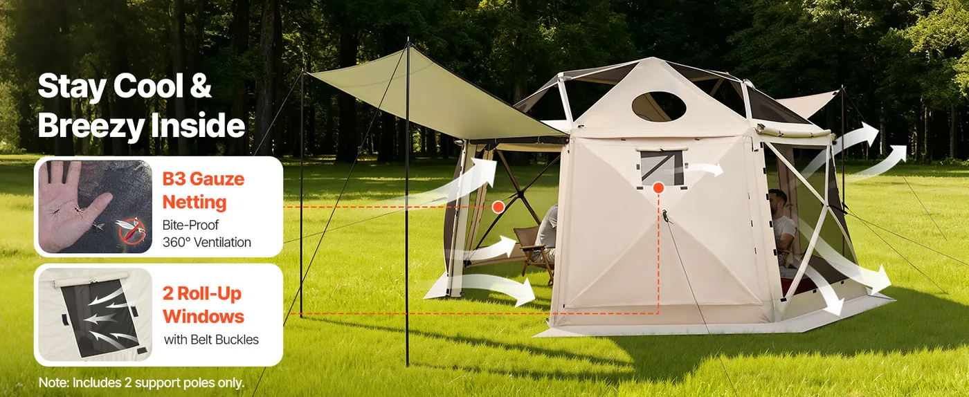 VEVOR 15 x 15 ft 13 Sided Pop Up Gazebo Screen Tent Beige Air Circulation