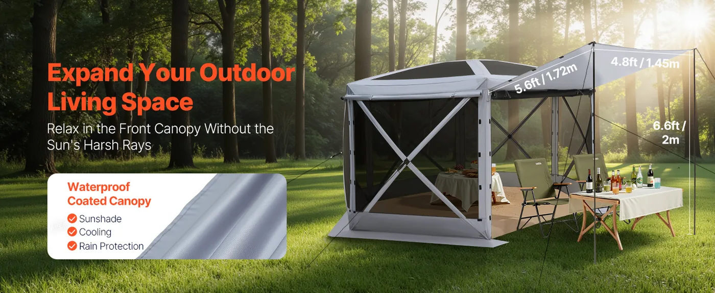 VEVOR 12 x 12 ft 6 Sided Pop Up Gazebo Screen Tent Gray Sun-Shade Canopy