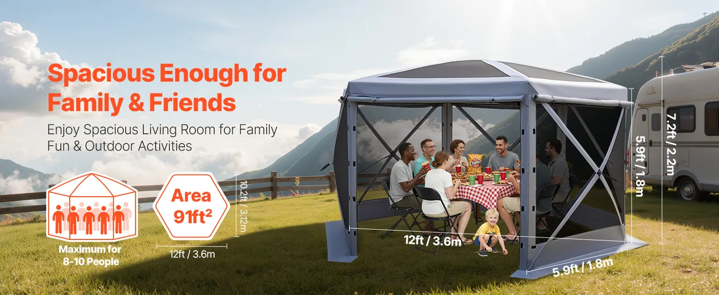 VEVOR 12 x 12 ft 6 Sided Pop Up Gazebo Screen Tent Gray Event Tent