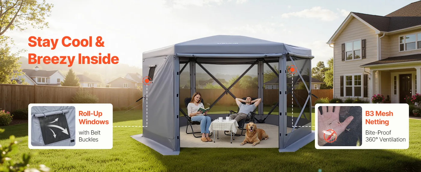 VEVOR 12 x 12 ft 6 Sided Pop Up Gazebo Screen Tent Gray Air Circulation