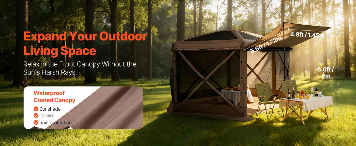 VEVOR 12 x 12 ft 6 Sided Pop Up Gazebo Screen Tent Brown Sun-Shade Canopy