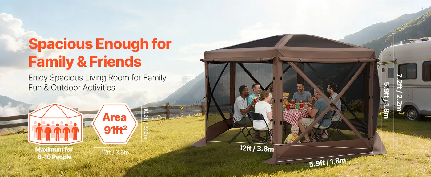 VEVOR 12 x 12 ft 6 Sided Pop Up Gazebo Screen Tent Brown Event Tent