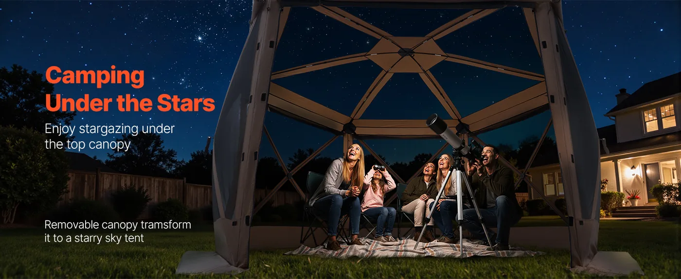 VEVOR 12 x 12 ft 6 Sided Pop Up Gazebo Screen Tent Brown Stargazing Camping