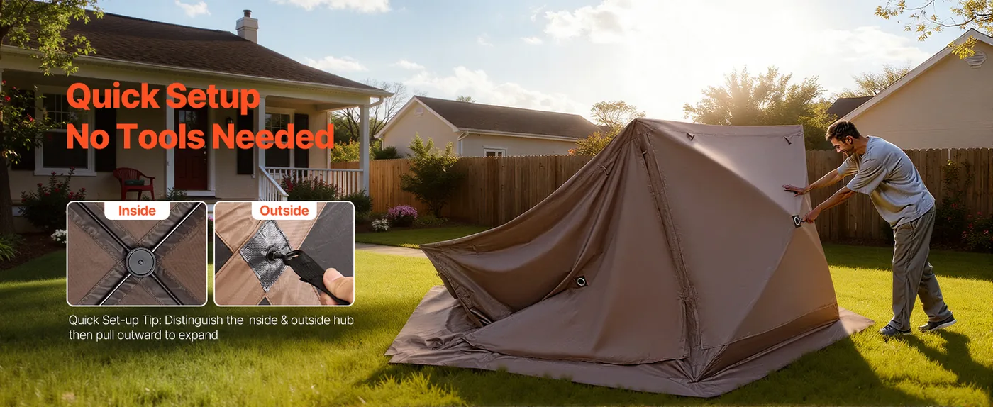 VEVOR 12 x 12 ft 6 Sided Pop Up Gazebo Screen Tent Brown Pop-Up Design
