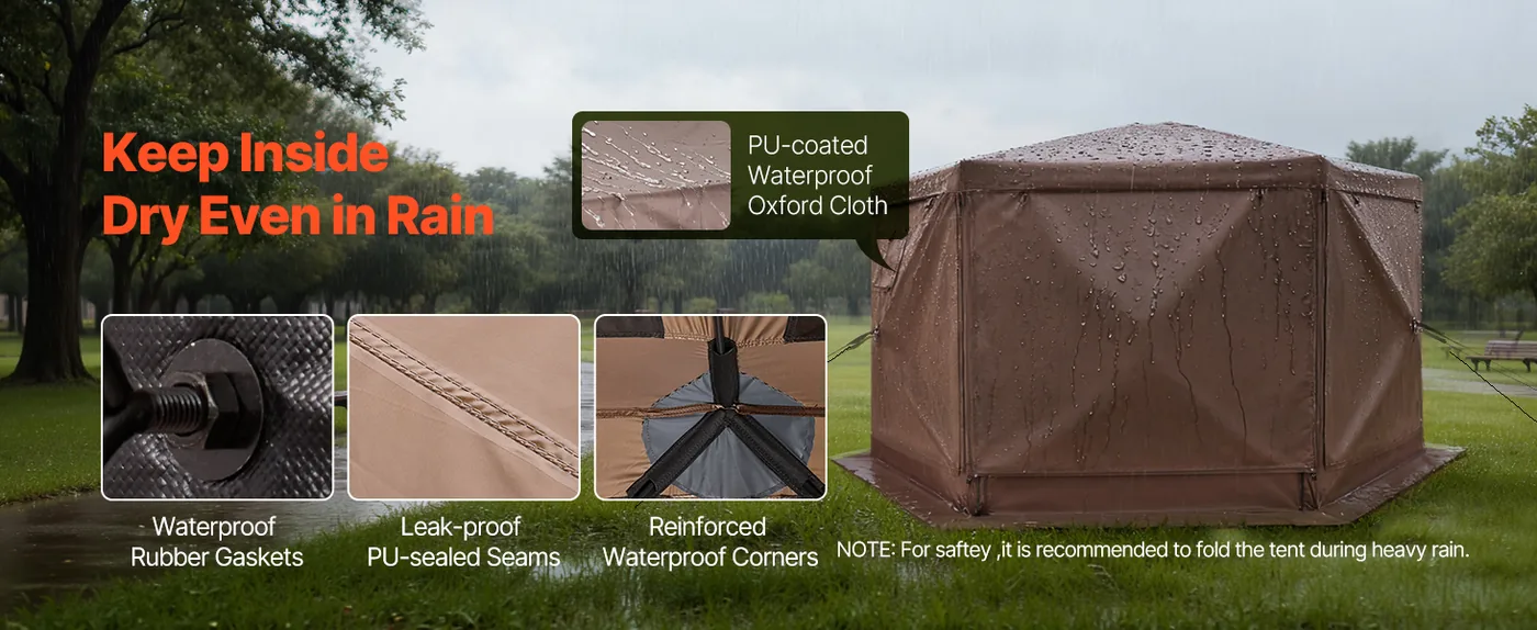 VEVOR 12 x 12 ft 6 Sided Pop Up Gazebo Screen Tent Brown Waterproof & Rain-Proof