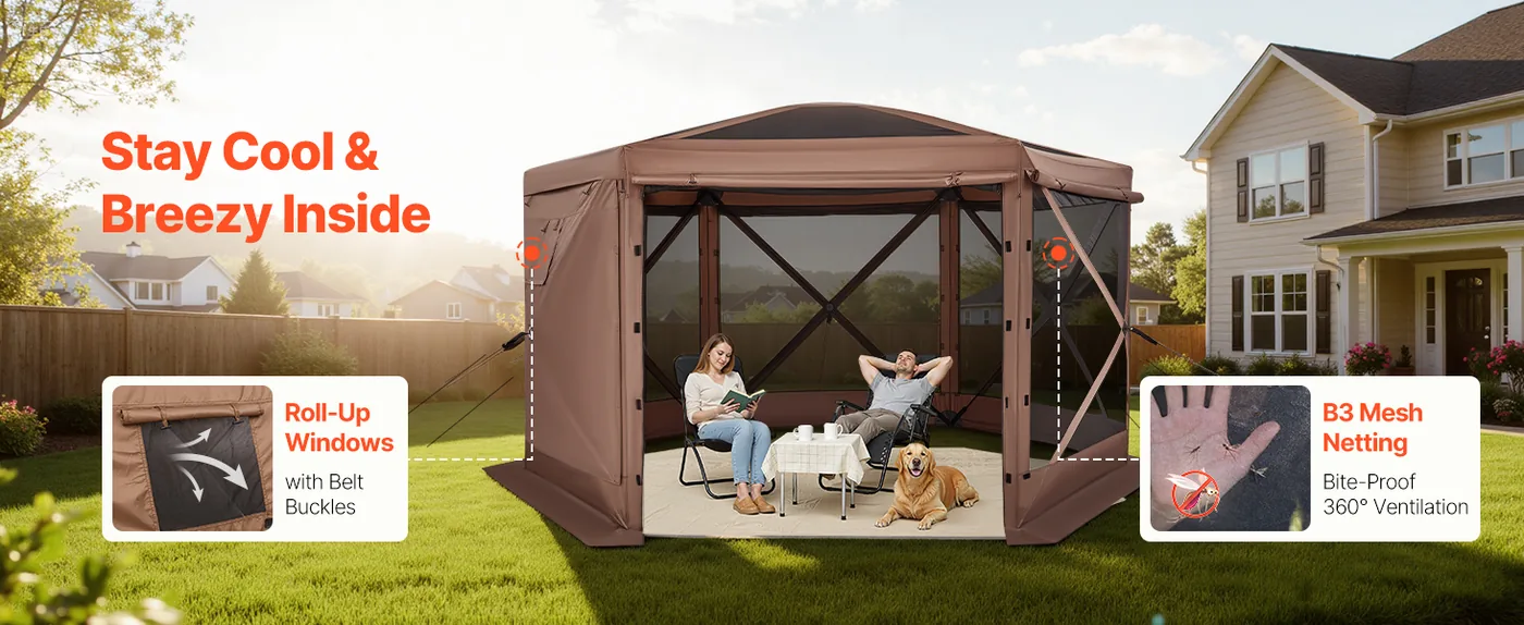 VEVOR 12 x 12 ft 6 Sided Pop Up Gazebo Screen Tent Brown Air Circulation