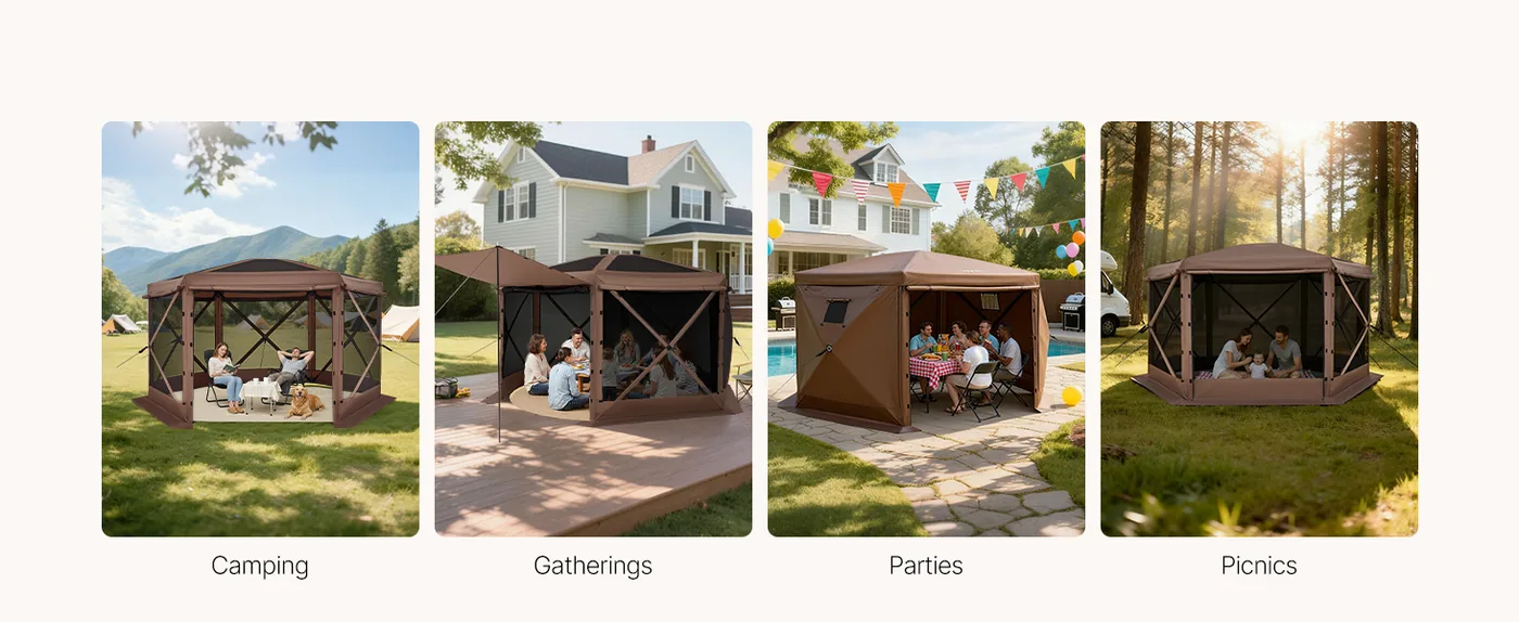 VEVOR 12 x 12 ft 6 Sided Pop Up Gazebo Screen Tent Brown Multi-Scenario Use