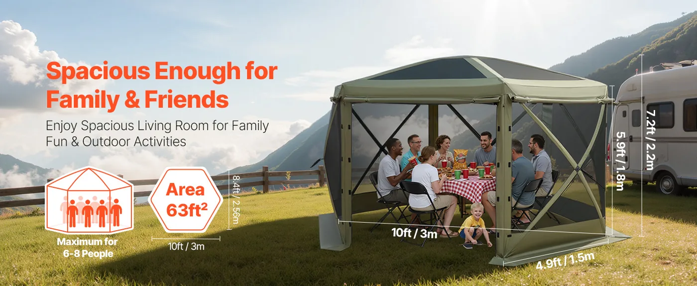 VEVOR 10 x 10 ft 6 Sided Pop Up Gazebo Screen Tent Green Event Tent