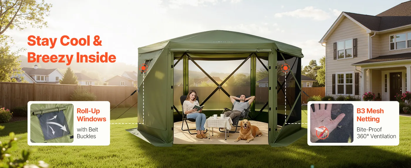 VEVOR 10 x 10 ft 6 Sided Pop Up Gazebo Screen Tent Green Air Circulation