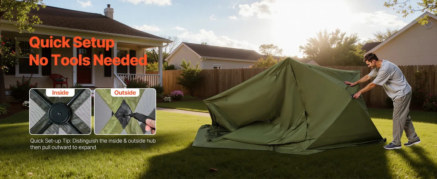 VEVOR 12 x 12 ft 6 Sided Pop Up Gazebo Screen Tent Green Pop-Up Design