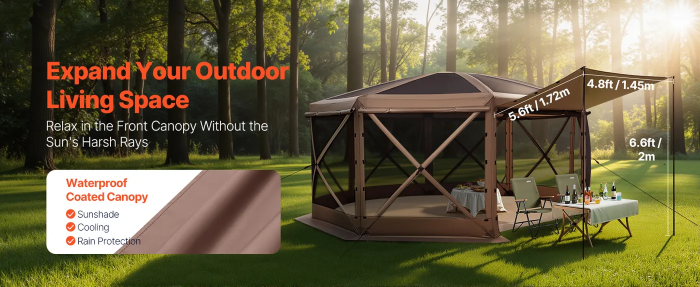 VEVOR 15 x 15 ft 8 Sided Pop Up Gazebo Screen Tent Brown Sun-Shade Canopy