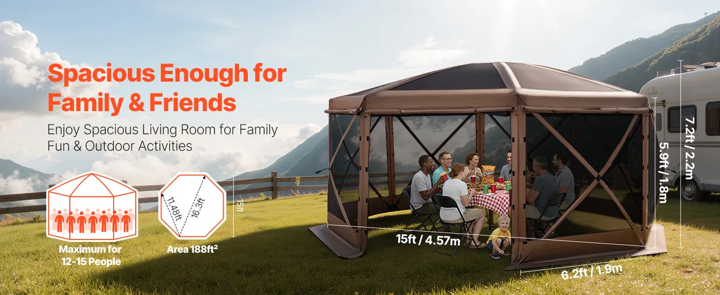 VEVOR 15 x 15 ft 8 Sided Pop Up Gazebo Screen Tent Brown Event Tent